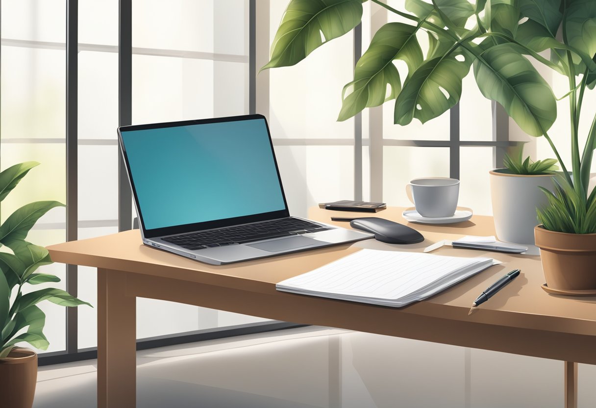 A desk with a laptop, pen, and paper. A plant in the background. A window with natural light