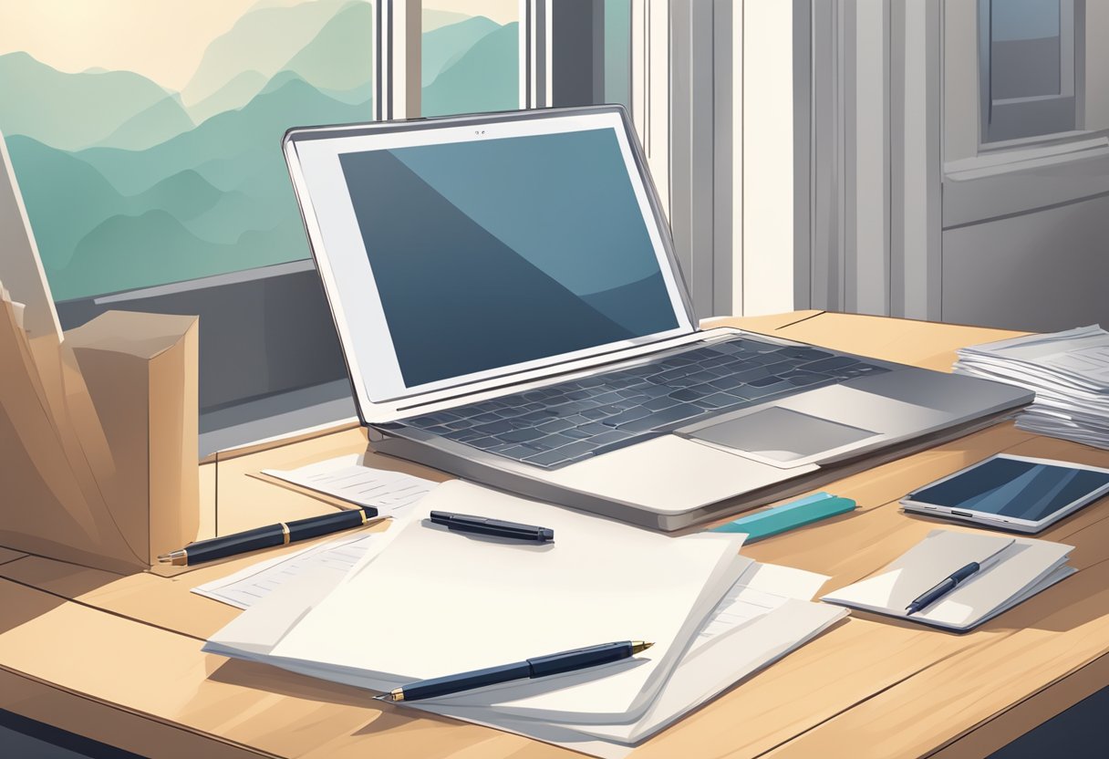 A desk with a laptop, pen, and paper. A stack of resumes and a generic cover letter on the desk. A window with natural light