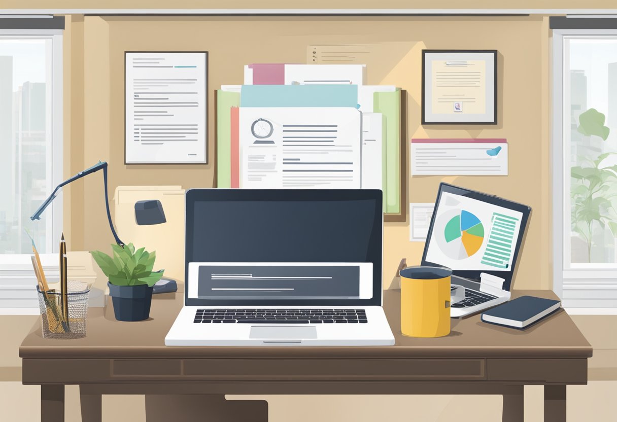 A desk with a laptop, resume, and pen. A diploma and relevant certifications are displayed on the wall