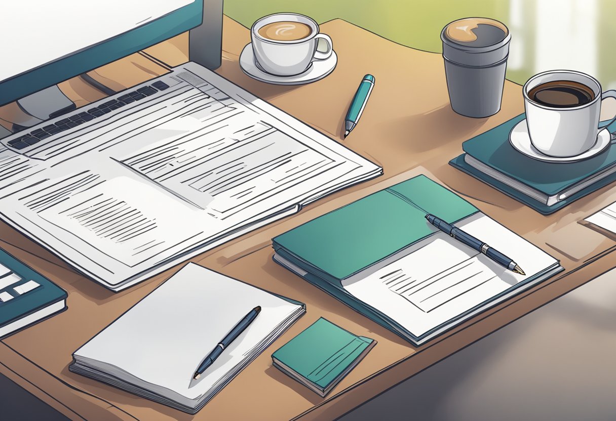 A desk with a laptop, resume, and diploma. A pen and a mug of coffee sit nearby