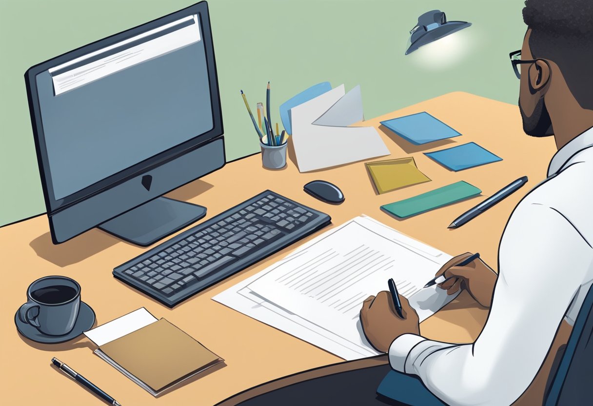 A desk with a pen, paper, and a sealed envelope. A computer showing a blank resignation letter template. A person's back facing the desk