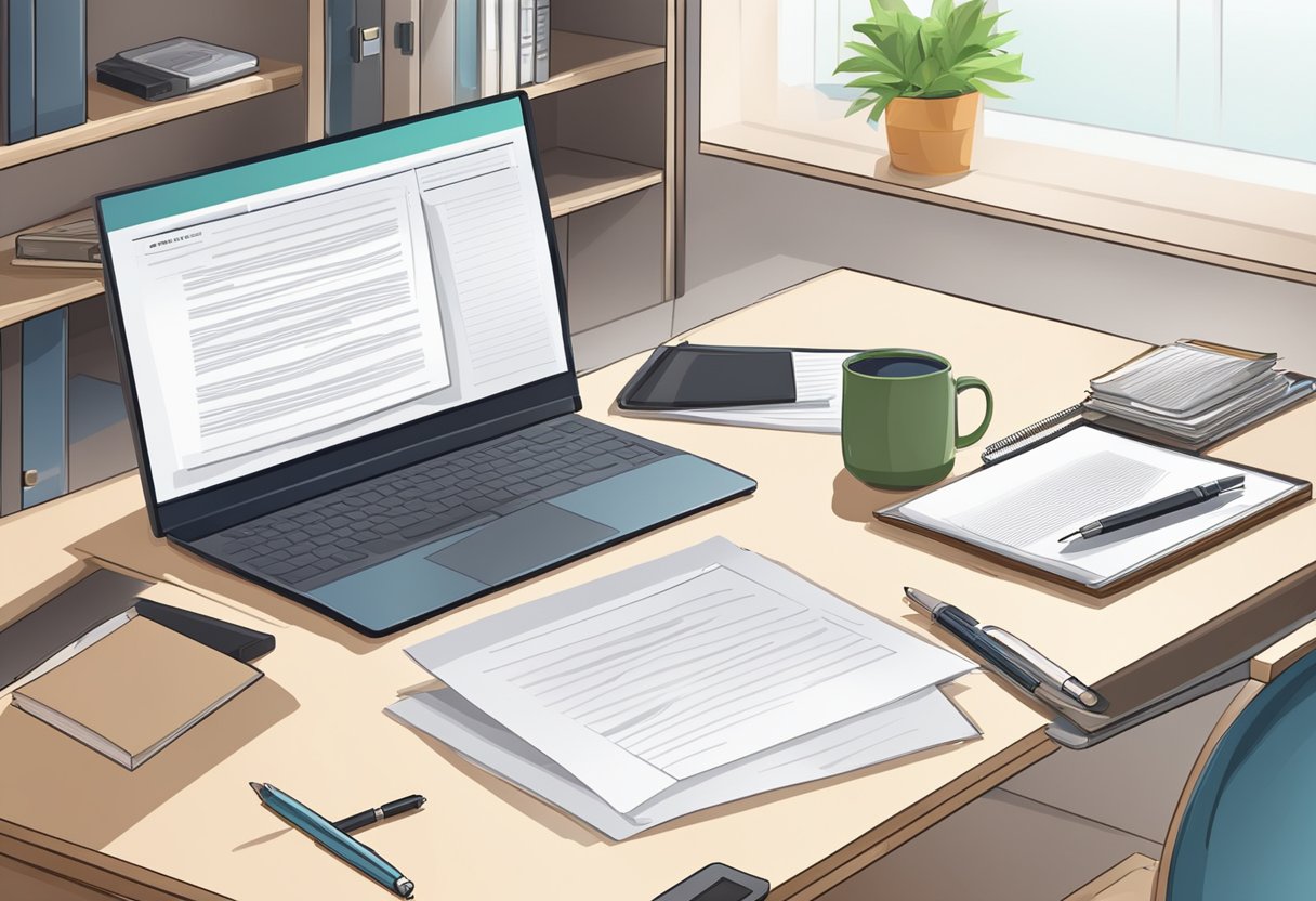 A desk with a computer, pen, and paper. An open resignation letter template on the screen. A printed example letter on the desk