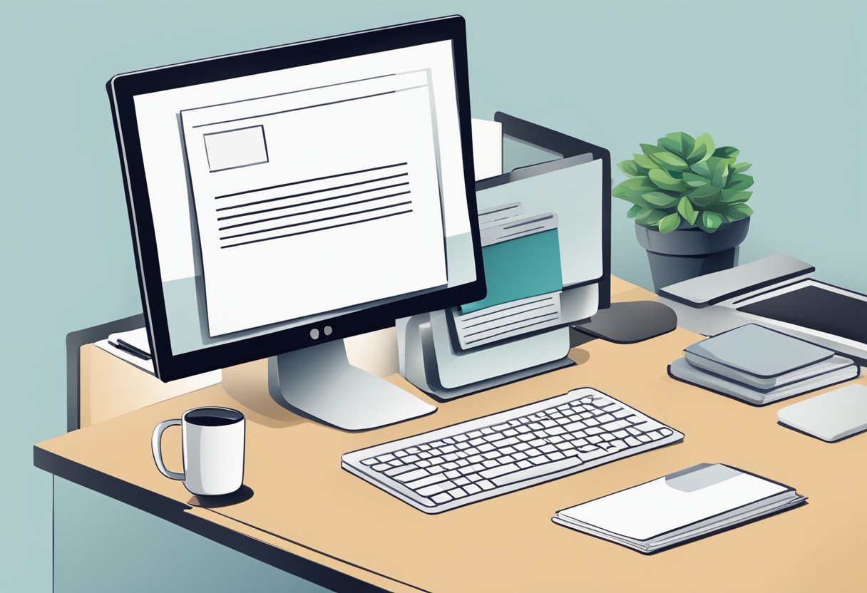A desk with a computer, a pen, and a blank sheet of paper. A person is typing a resignation letter on the computer
