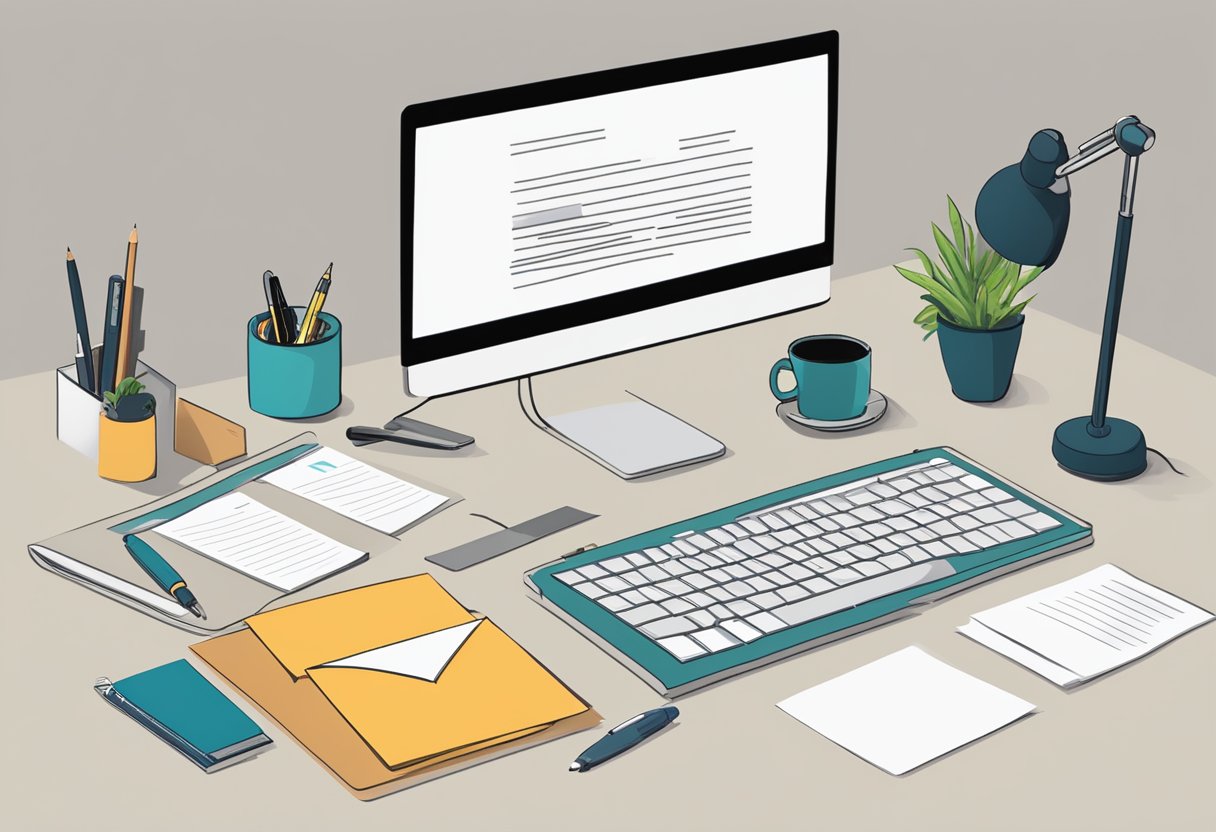 A neatly organized desk with a computer, pen, and paper, as well as a professional-looking resignation letter being typed on the screen