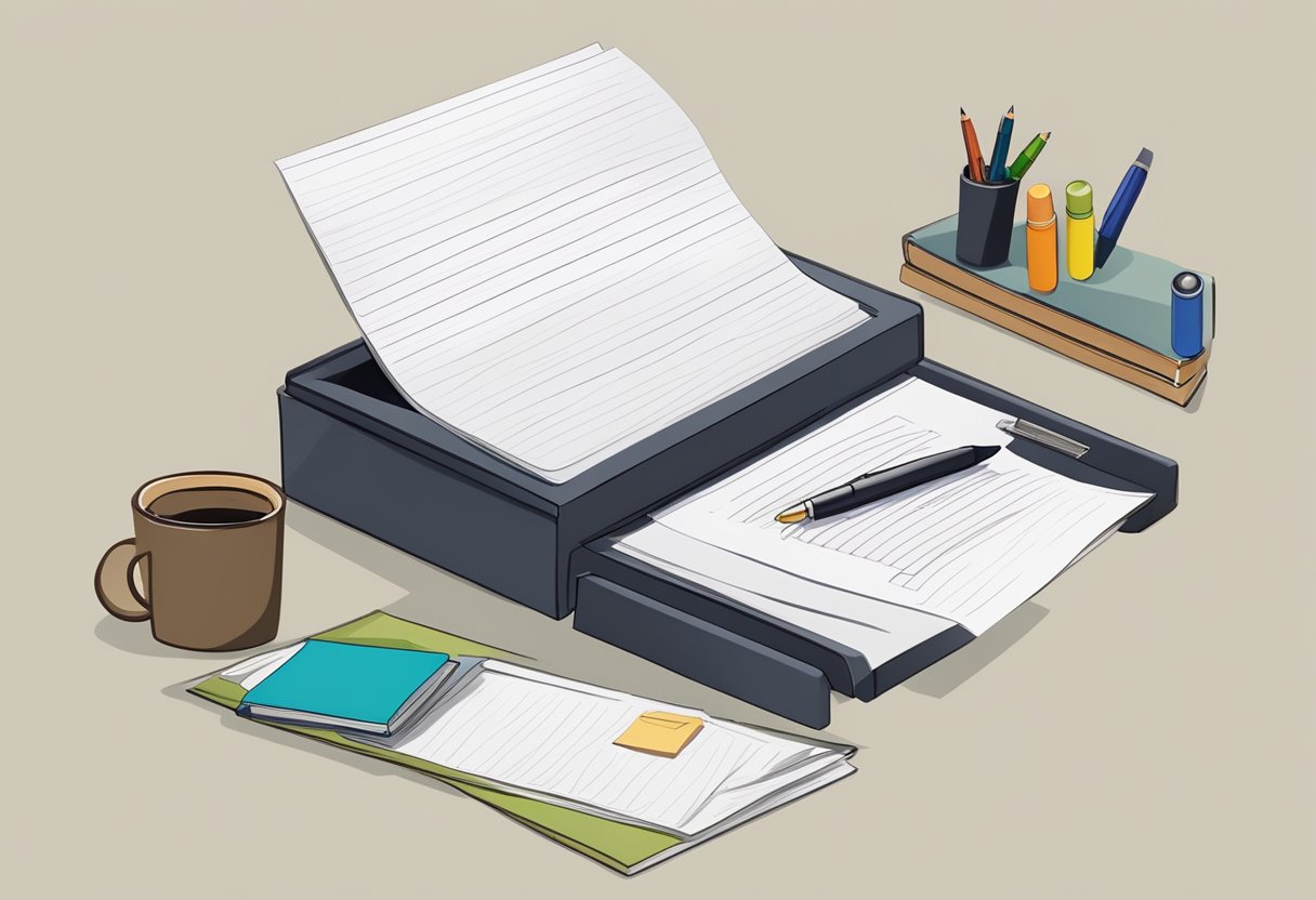 A desk with a neatly written letter, a pen, and a stack of papers. A teacher's name and date are visible on the letter