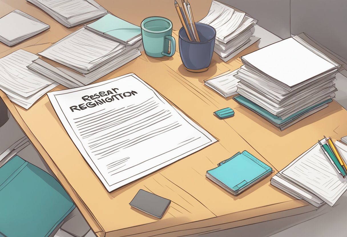 A desk with a neatly written resignation letter, a teacher's nameplate, and a stack of papers