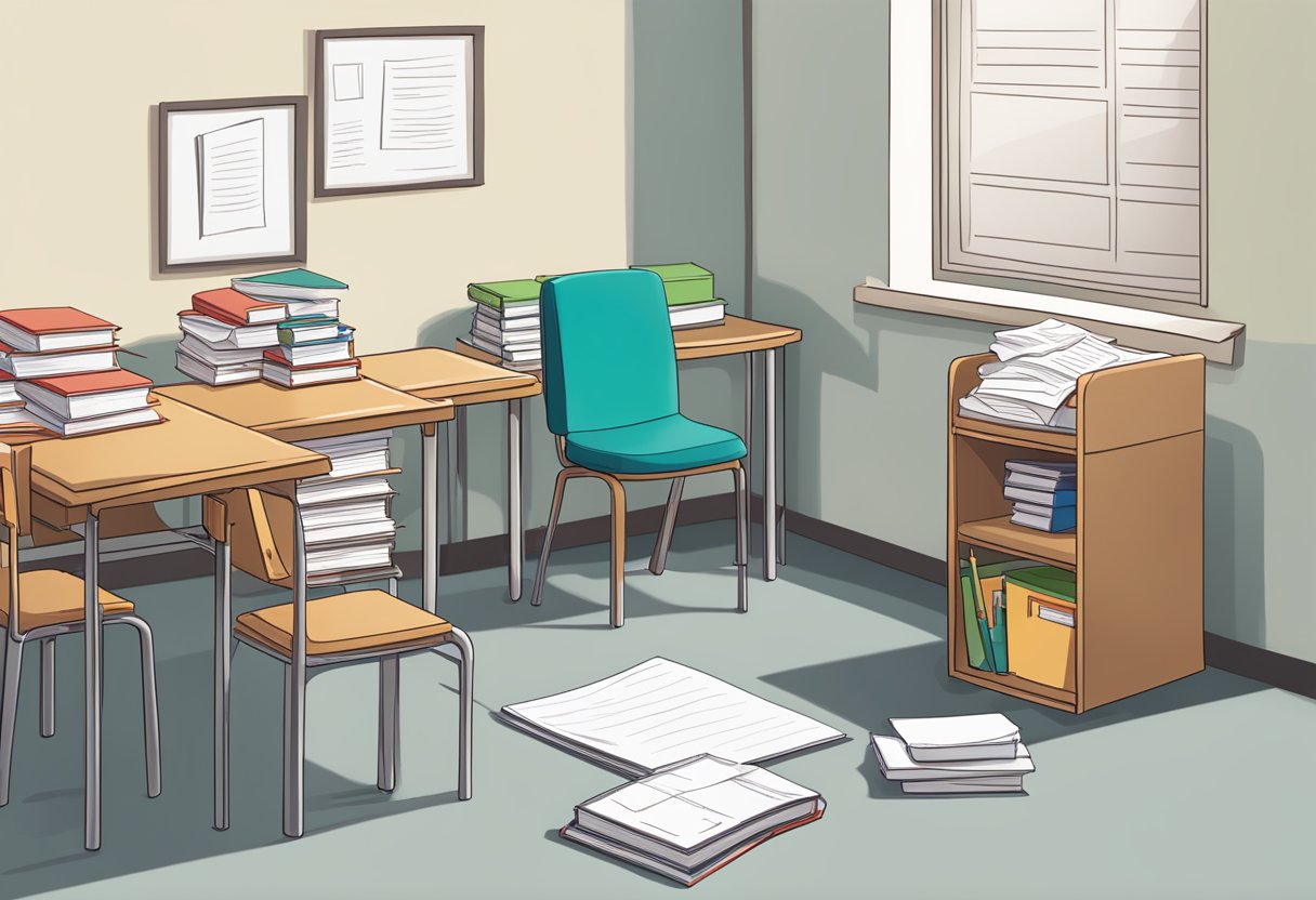A classroom desk with a neatly folded resignation letter, a stack of books, and an empty chair