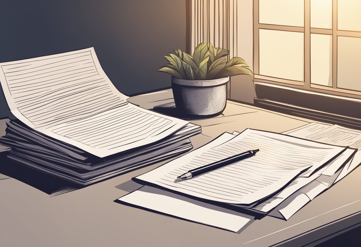 A desk with a neatly folded resignation letter, a pen, and a stack of papers. A pensive atmosphere with dim lighting