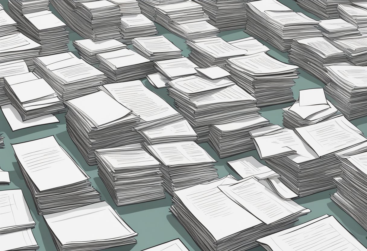 A stack of variously-sized cover letters, some overflowing, others barely filling the page, scattered on a desk