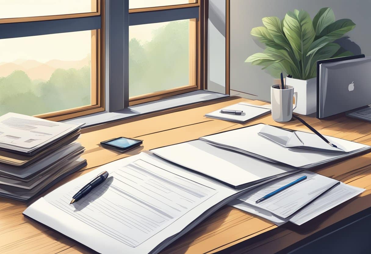 A desk with a laptop, pen, and paper. A stack of resumes and cover letters. An open window with natural light