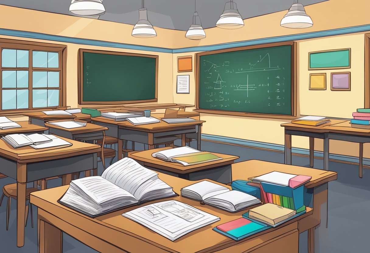 A classroom filled with colorful educational materials and books, with a chalkboard displaying equations and diagrams. A desk with neatly organized papers and a computer showing lesson plans