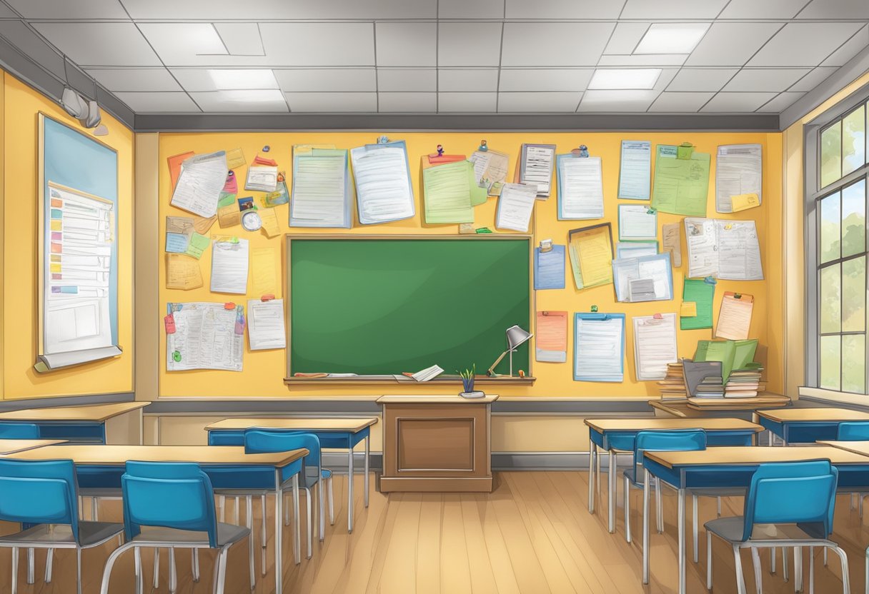 A classroom bulletin board adorned with student work and academic awards
