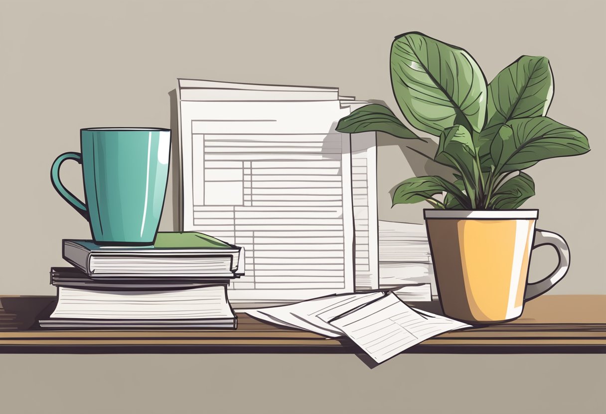 A teacher's desk with a stack of papers, a cup of coffee, and a potted plant