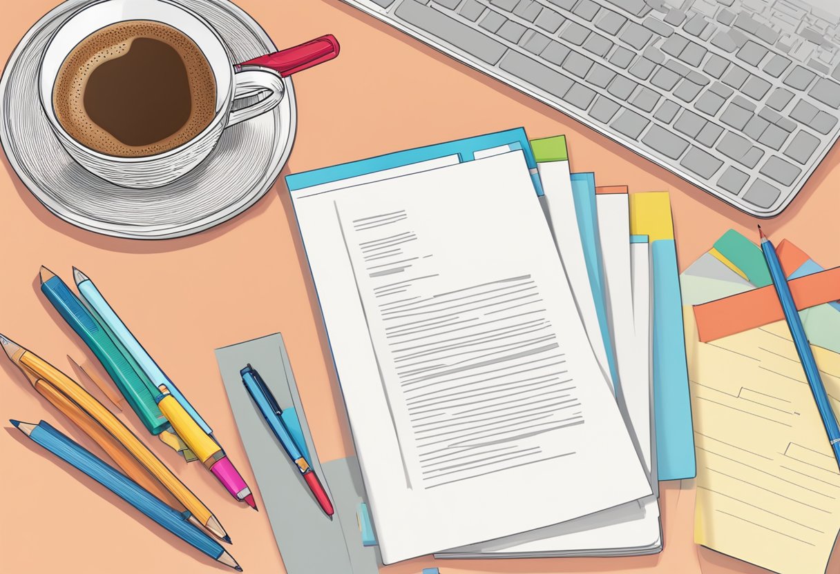 A stack of colorful teacher cover letters arranged neatly on a desk, with a red pen and a cup of coffee nearby