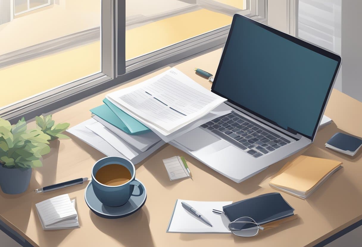 A desk with a laptop, pen, and notebook. A stack of papers with "Journal Submission" on top. A window with natural light