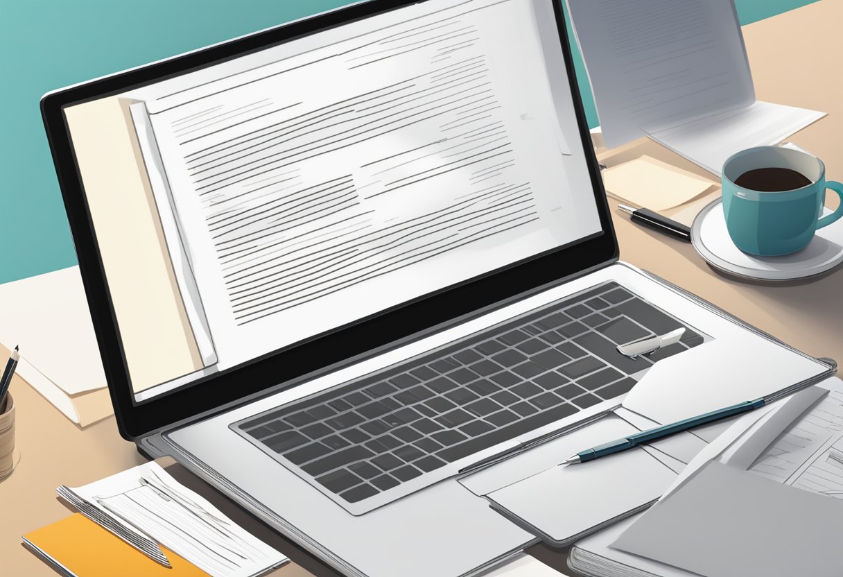 A desk with a laptop, research papers, and a pen. A cover letter template and journal submission guidelines are visible on the screen