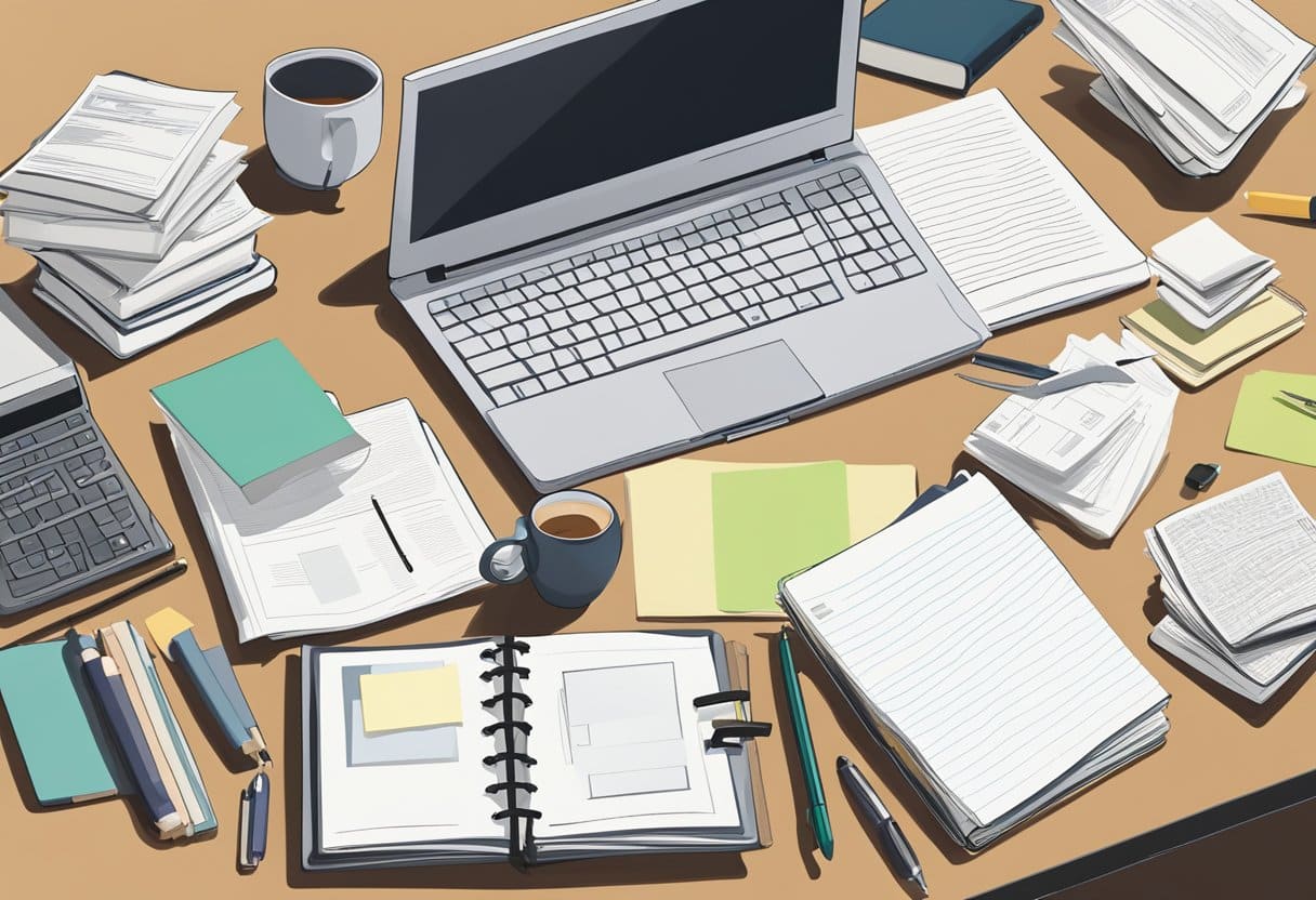 A desk cluttered with papers, a laptop open to a blank document, a stack of journals, and a pen poised over a notebook