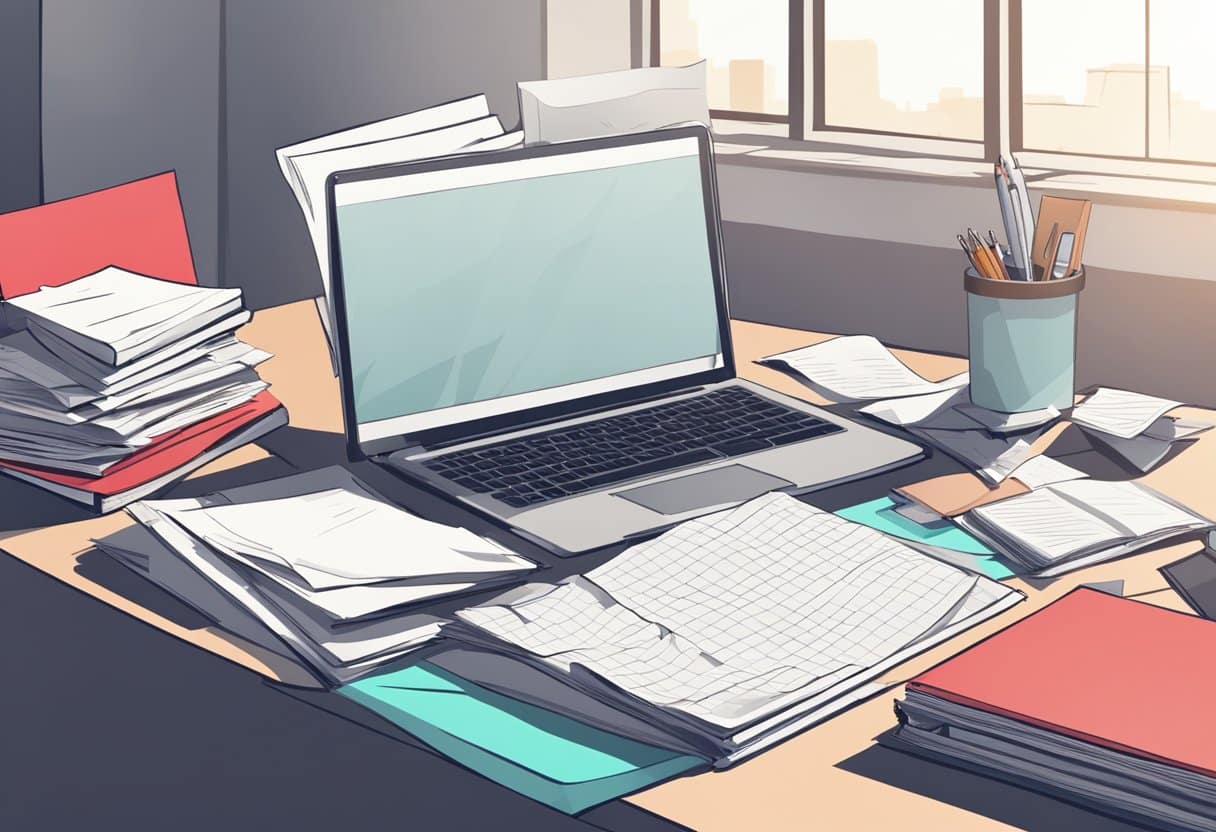 A desk cluttered with crumpled papers, a laptop, and a pen. A stack of journals in the background. A cover letter with red marks