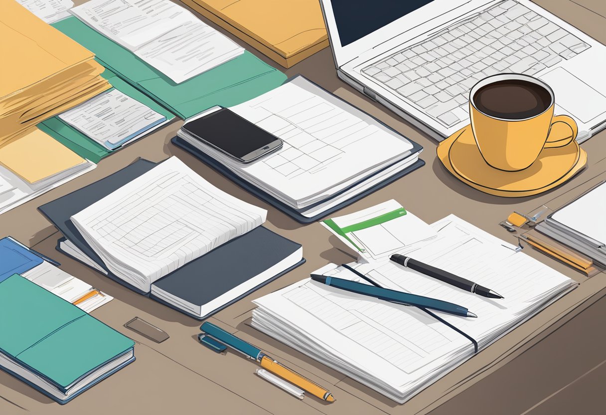 A neatly organized desk with a laptop, notebook, and pen. A cup of coffee sits next to a stack of professional documents
