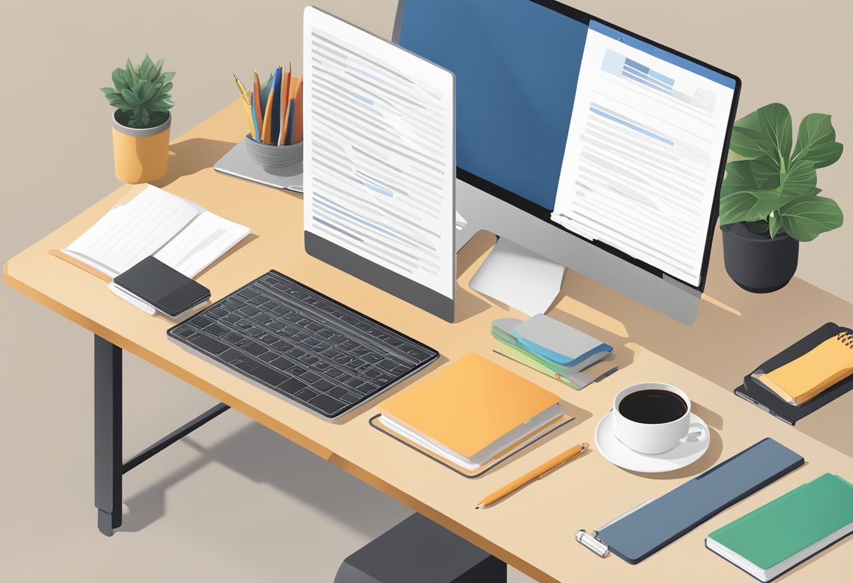 A desk with a laptop, a notebook, and a pen. A cover letter template is open on the screen, with a heading section highlighted