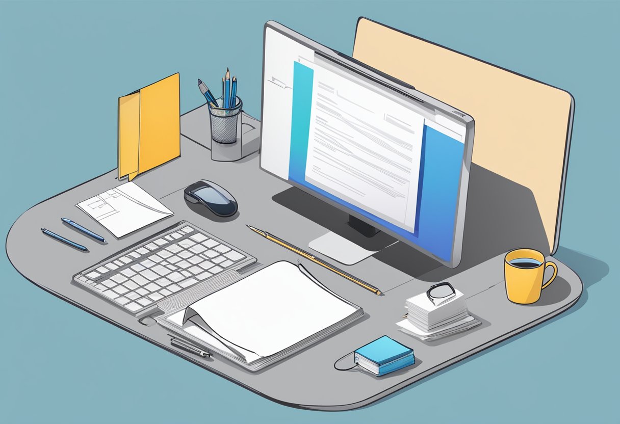 A desk with a computer, pen, and paper, with a cover letter template on the screen
