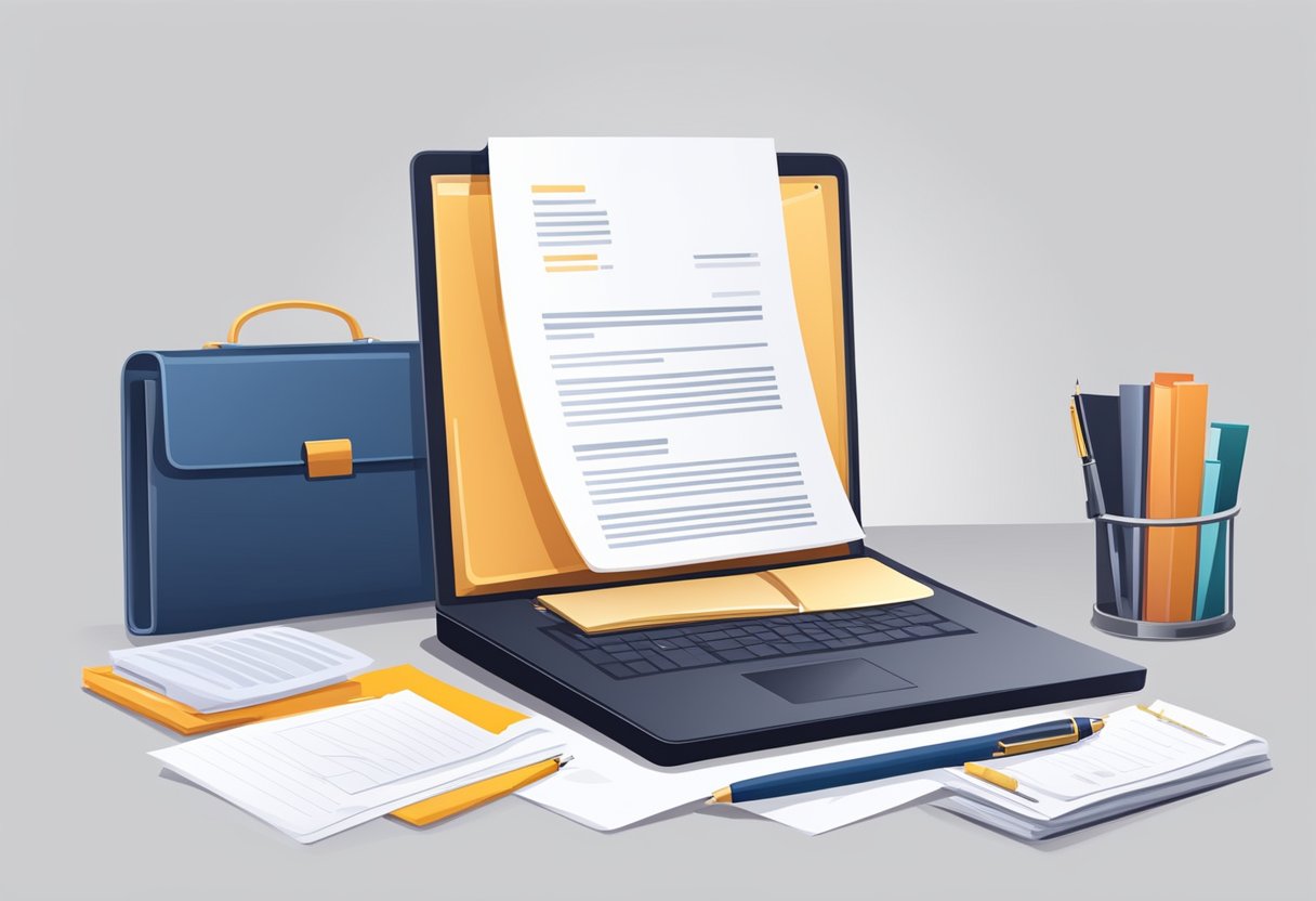 A desk with a laptop, pen, and paper. A stack of proposal documents with a cover letter on top. A confident, professional atmosphere