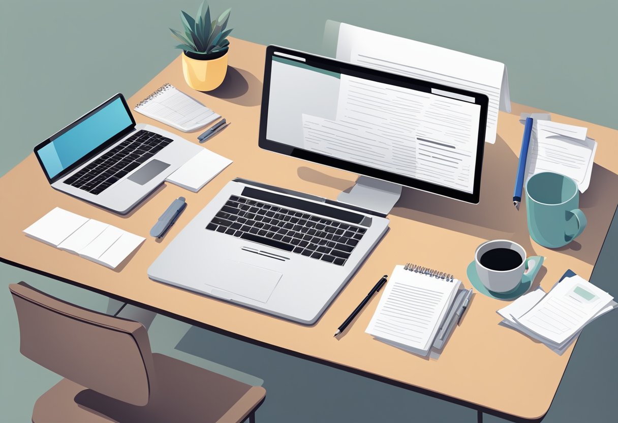 A desk with a laptop, a stack of papers, and a pen. A person is writing and editing different versions of a cover letter for various audiences