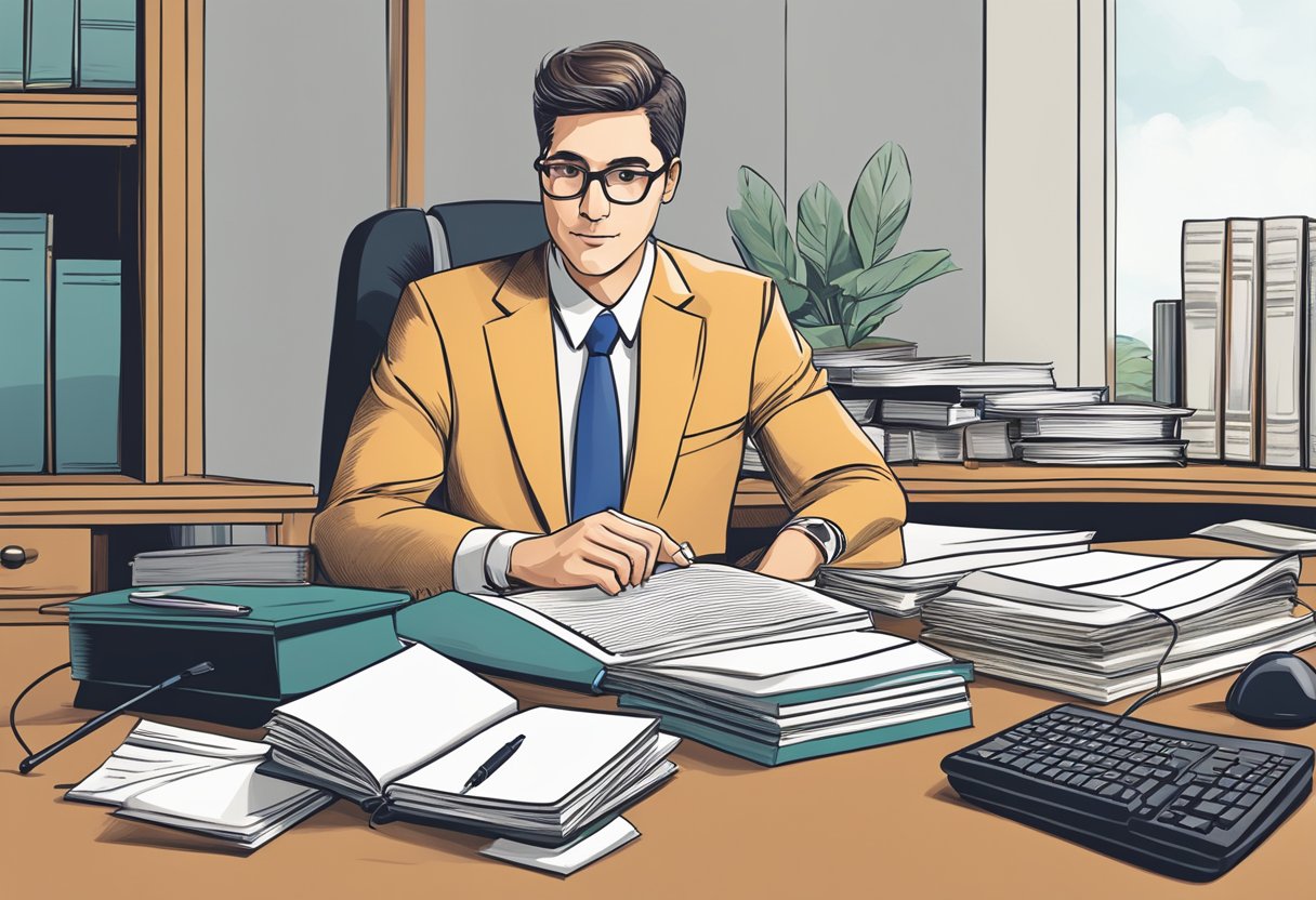 A lawyer sitting at a desk, typing on a computer with a stack of papers and legal books nearby