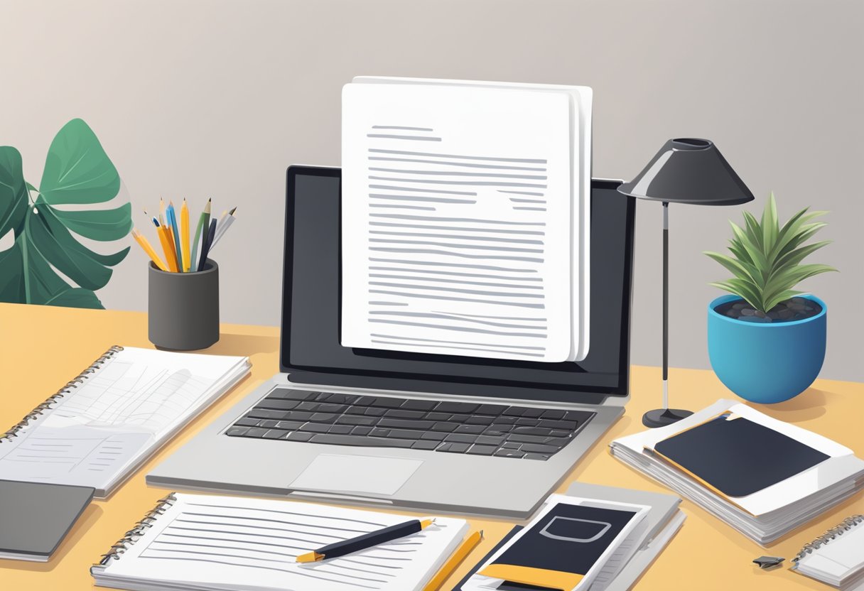 A desk with a laptop, legal books, and notepads. A cover letter template and examples displayed on the screen