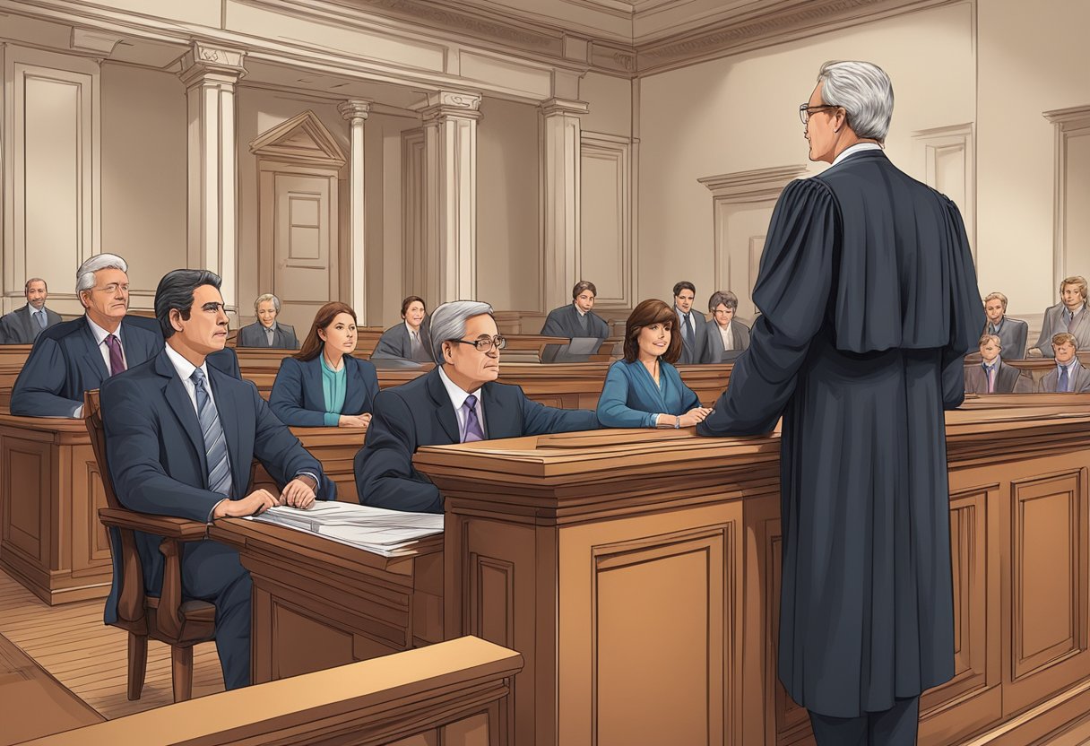 A courtroom scene with a judge, lawyers, and clients, showcasing legal expertise and experience