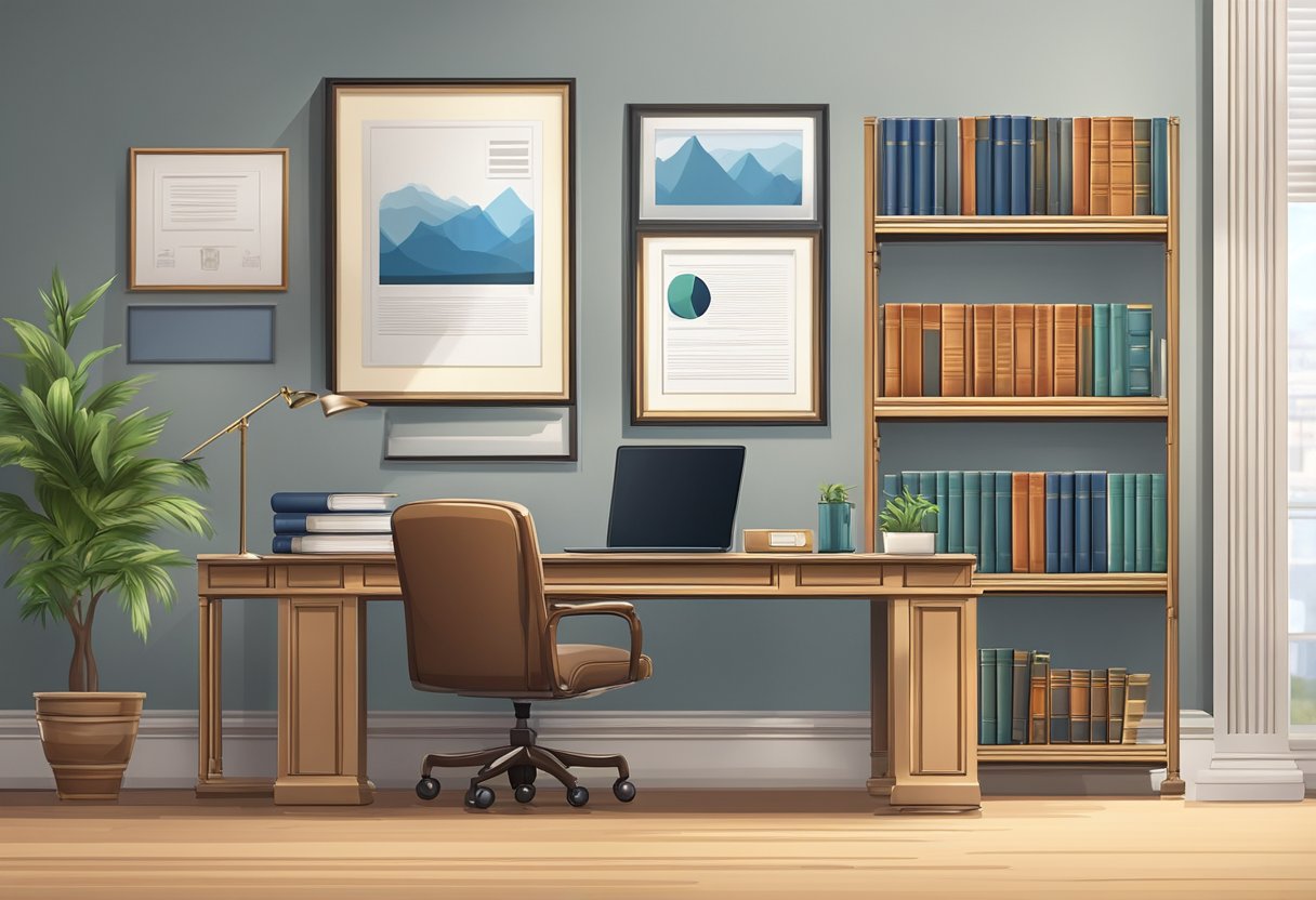 A law firm office with shelves of legal books, a desk with a laptop and legal documents, and a framed degree on the wall