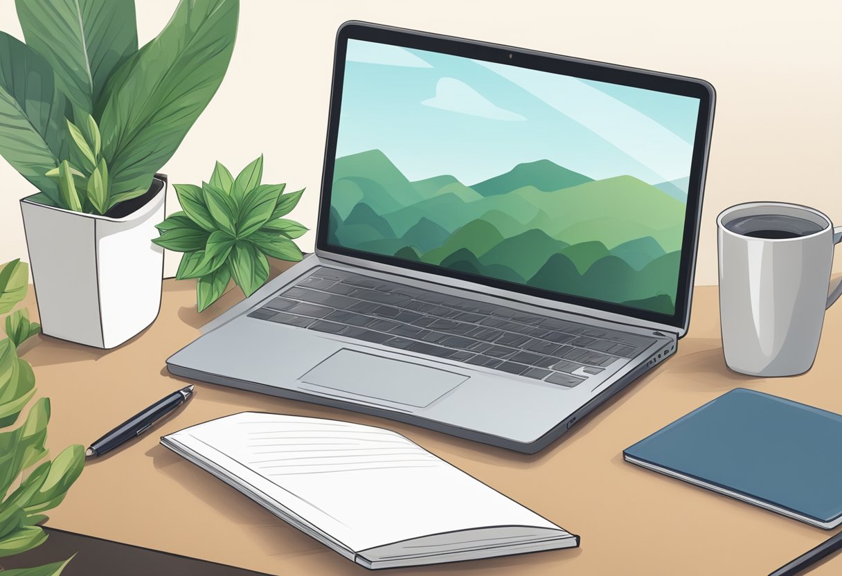 A desk with a laptop, pen, and paper. A plant in the background