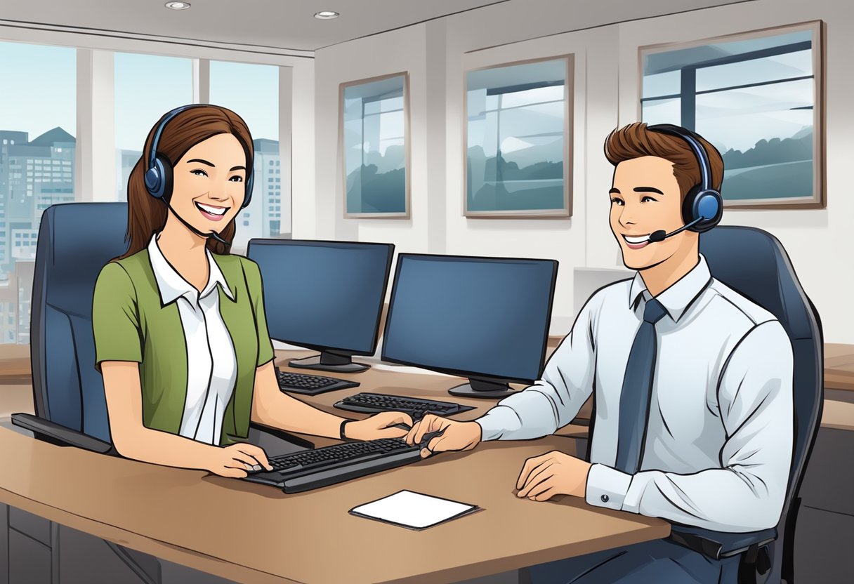 A customer service representative assisting a client with a friendly smile