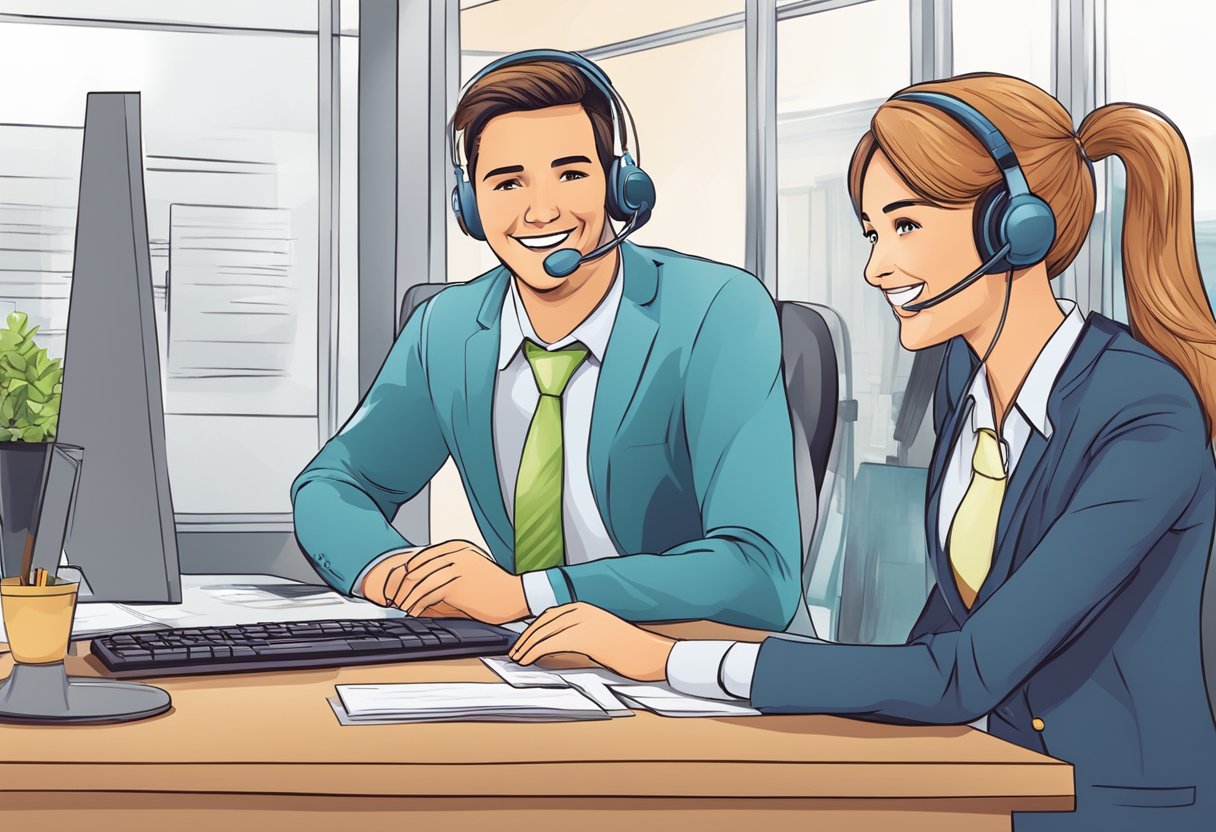 A customer service representative assisting a client with a smile