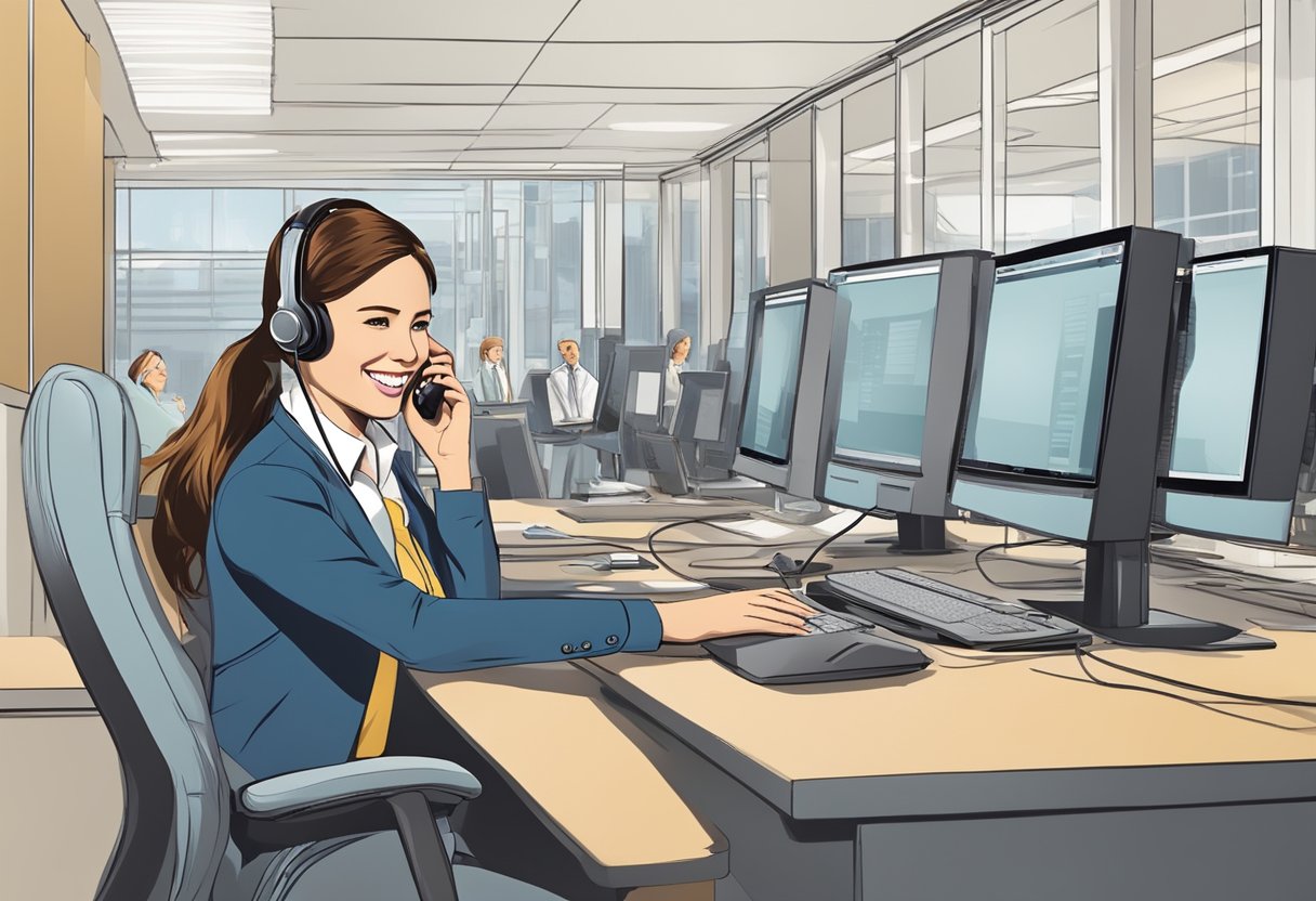 A smiling customer service representative helping a customer over the phone with a headset on, surrounded by a friendly and professional work environment