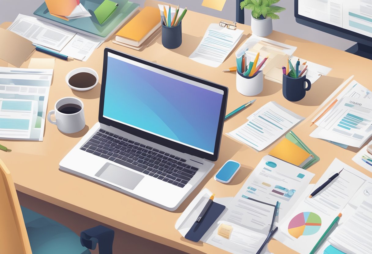 A desk with a laptop, resume, and various job descriptions spread out. A person is customizing a cover letter for different job applications
