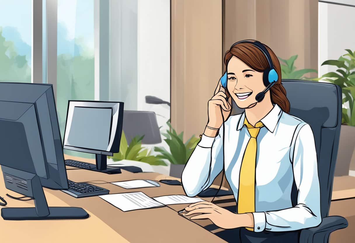 A customer service representative smiling while helping a customer over the phone, with a positive and helpful attitude