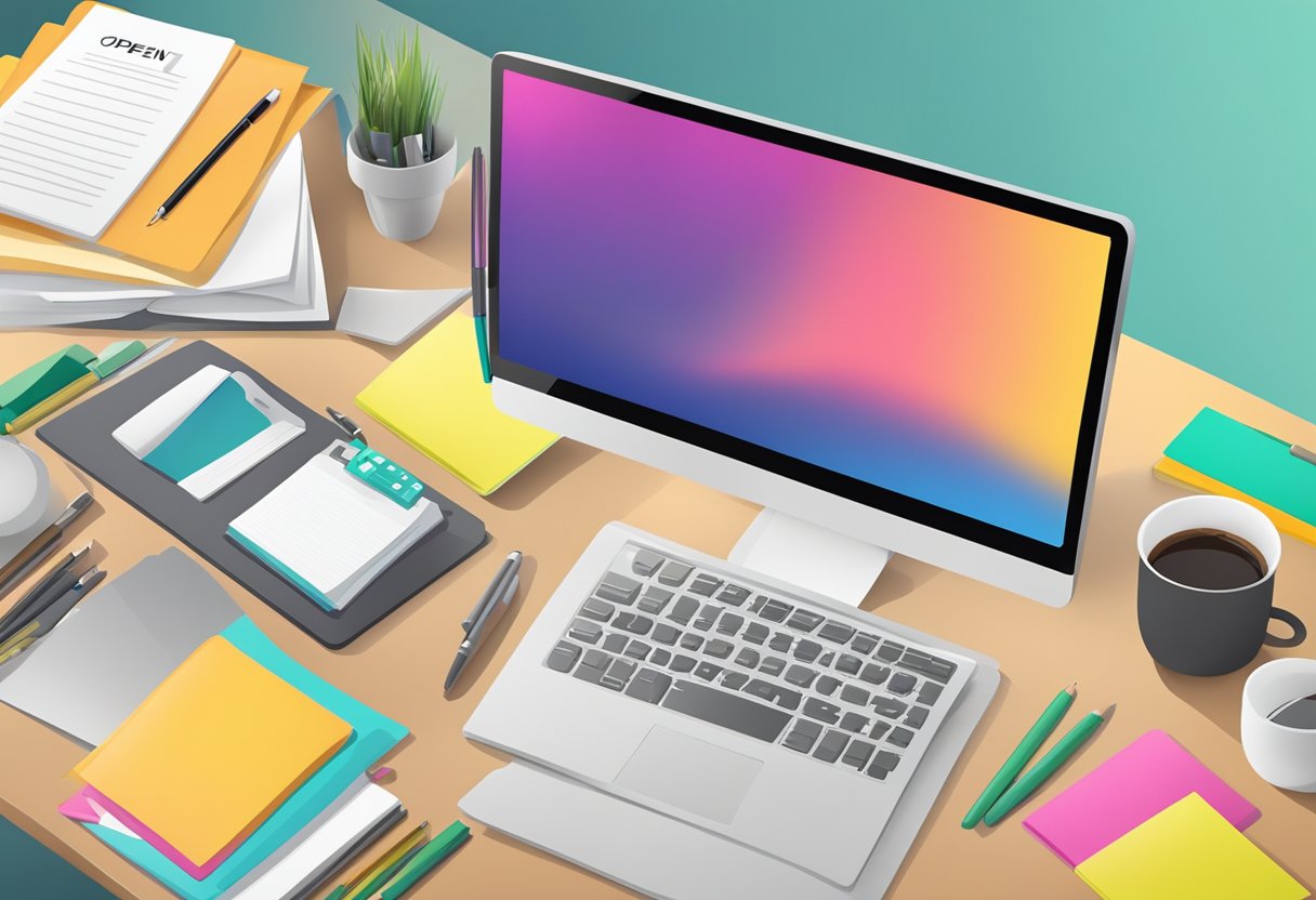 A desk with a computer, open Word document, and a printed cover letter template surrounded by office supplies