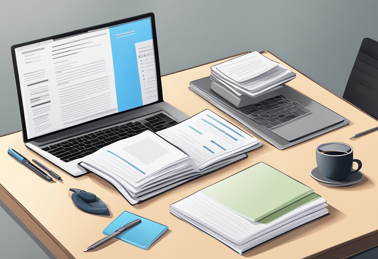 A desk with a laptop, pen, and paper. A stack of resumes and cover letters. A Word document open on the screen