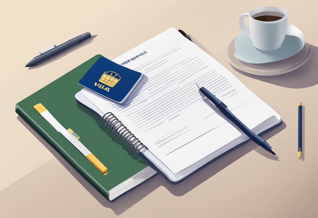 A stack of visa cover letter samples on a desk, with a pen and a passport