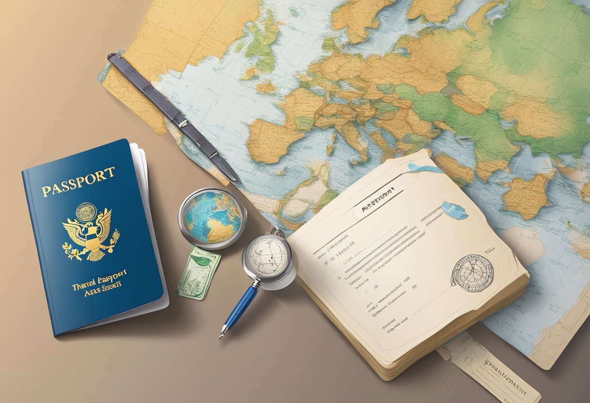 A traveler's passport with a visa application cover letter attached, surrounded by travel documents and a world map