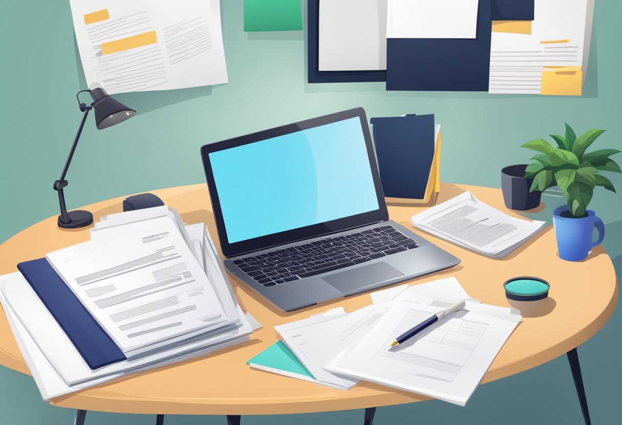 A desk with a laptop, pen, and paper. A stack of proposal documents with a cover letter on top. A confident, professional atmosphere