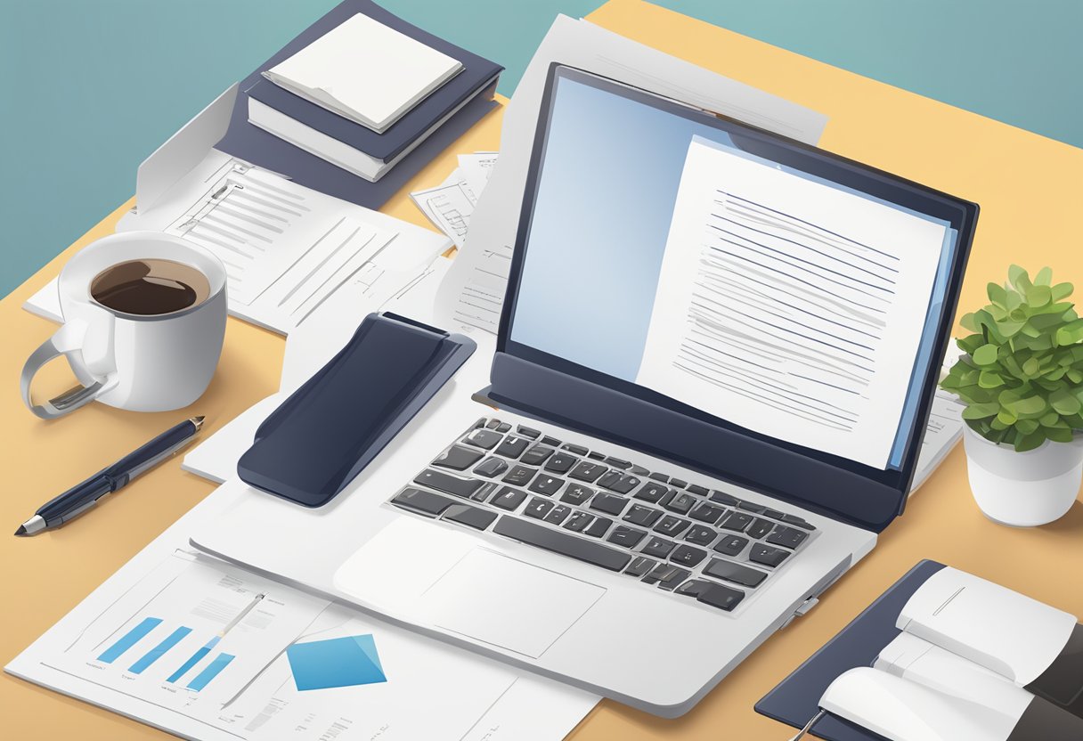A desk with various proposal cover letter examples, a pen, and a computer