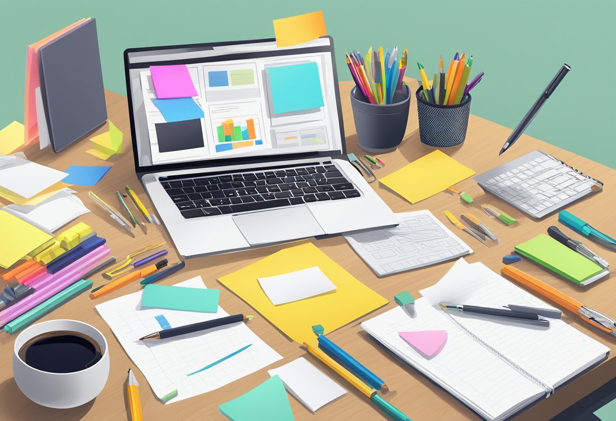 A desk with a laptop open to a proposal template, surrounded by various tools like pens, highlighters, and sticky notes for brainstorming