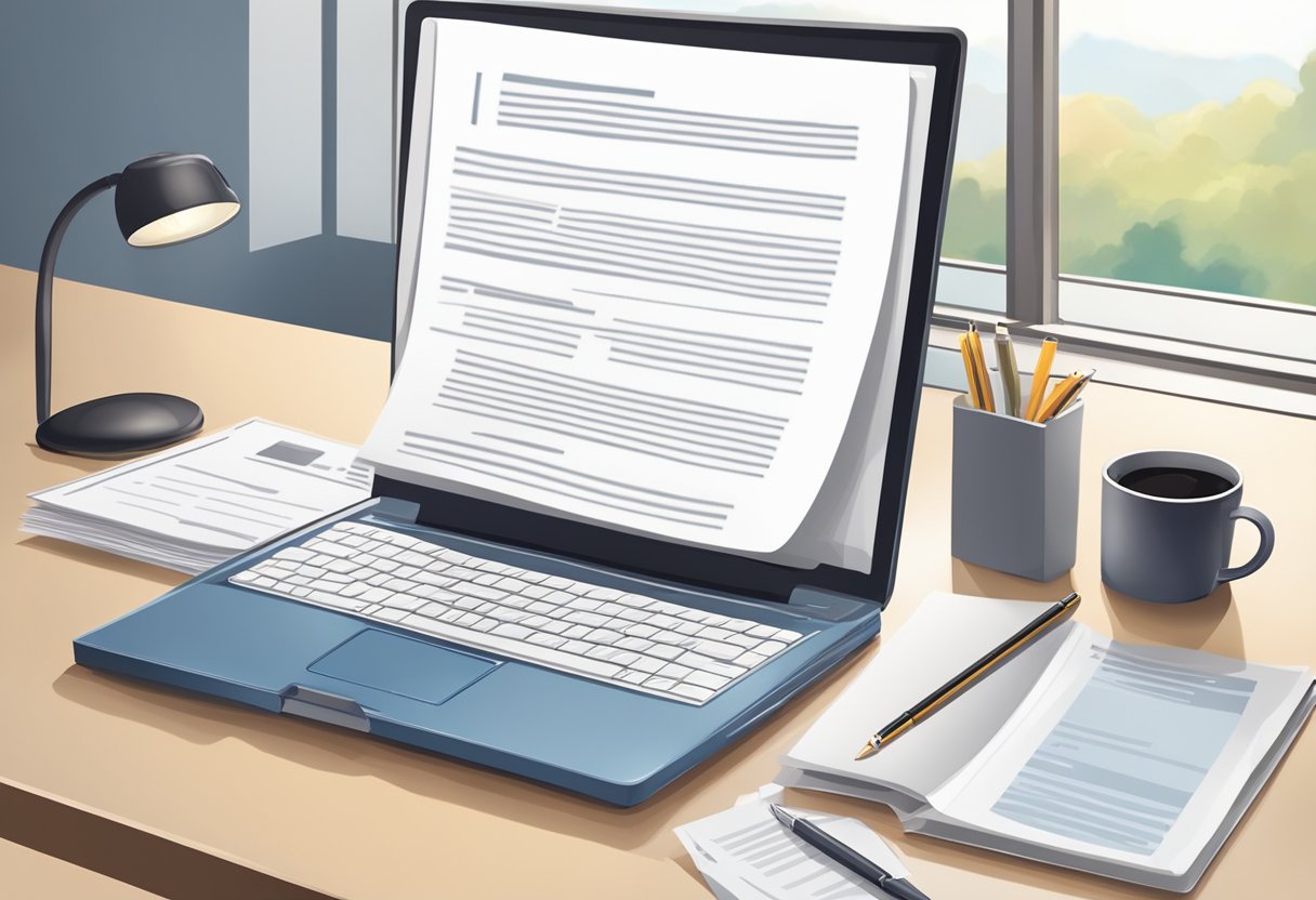 A desk with a laptop, pen, and paper. A stack of resumes and a professional-looking cover letter template. A window with natural light