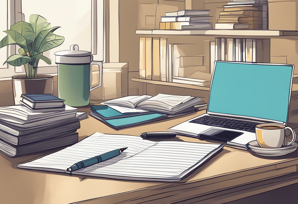 A desk with a laptop, pen, and paper. A stack of reference books and a cup of coffee sit nearby