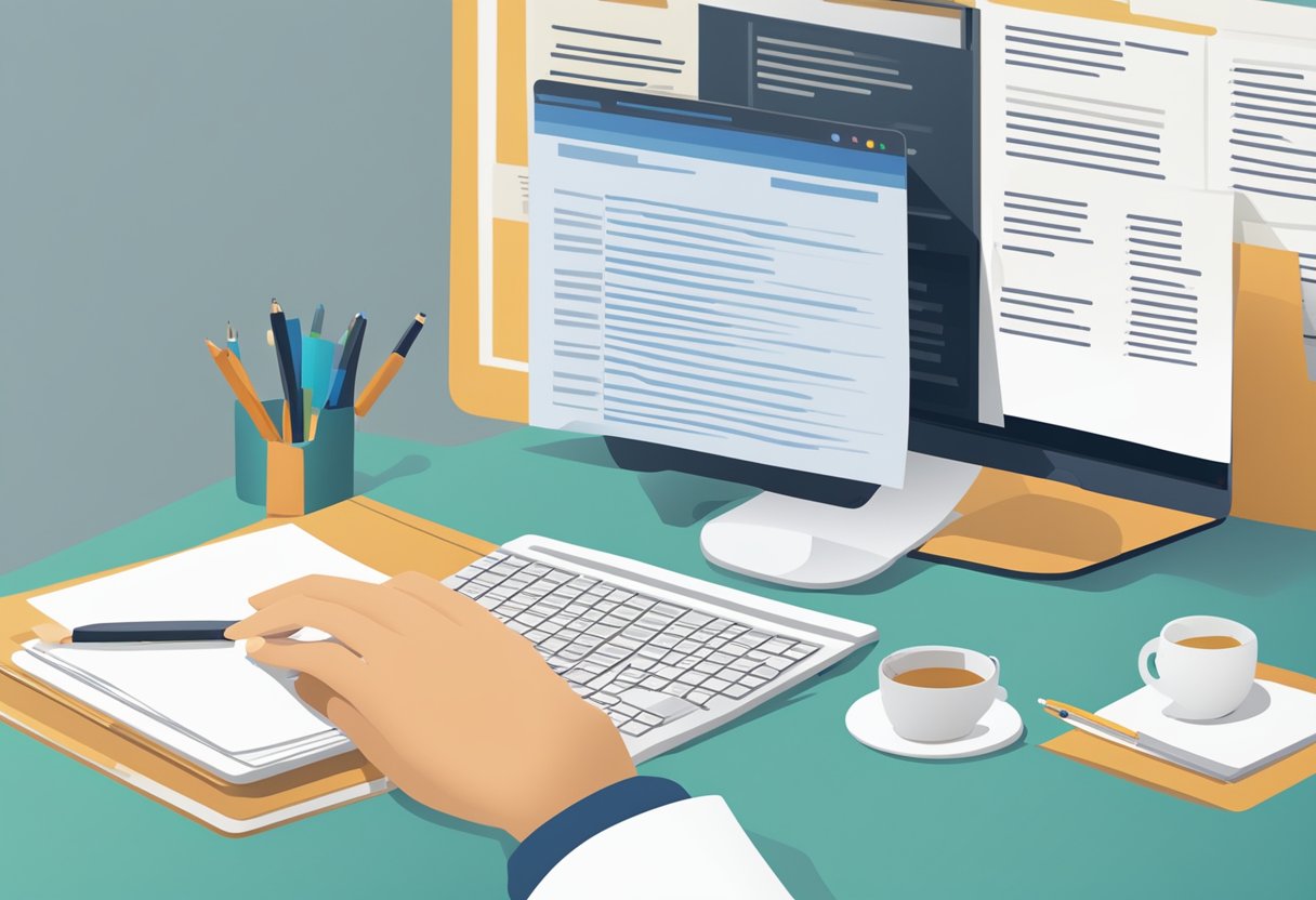 A person typing on a computer, with a stack of papers and a pen nearby. The computer screen shows a cover letter template and job listing