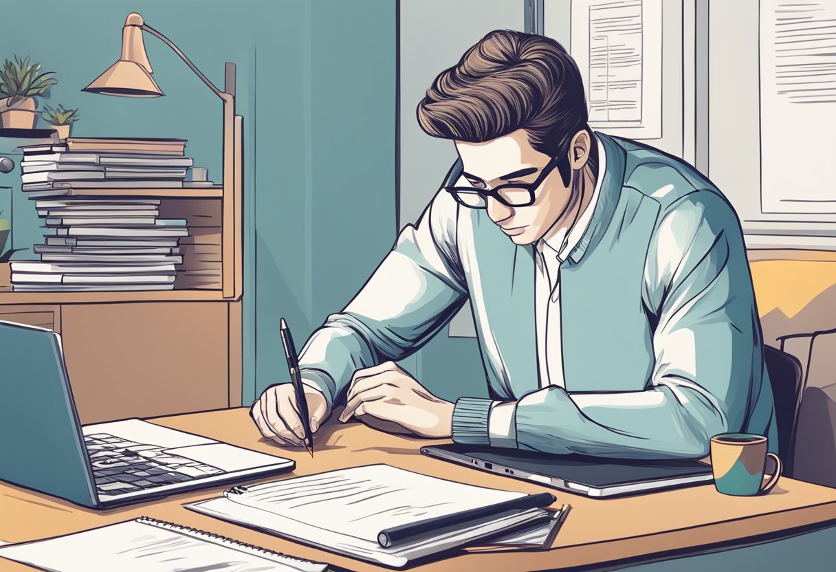 A person sitting at a desk with a laptop and a printed cover letter, carefully proofreading and making final edits with a pen