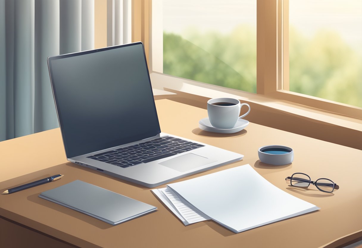 A desk with a laptop, pen, and paper. A stack of resumes and a cover letter template. A window with natural light