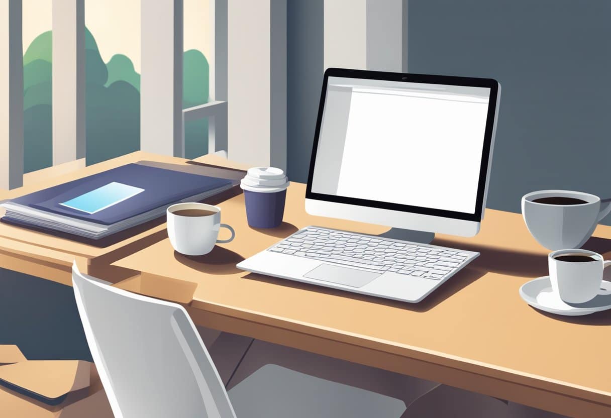 A computer screen with a blank document open, a keyboard, and a cup of coffee on a desk